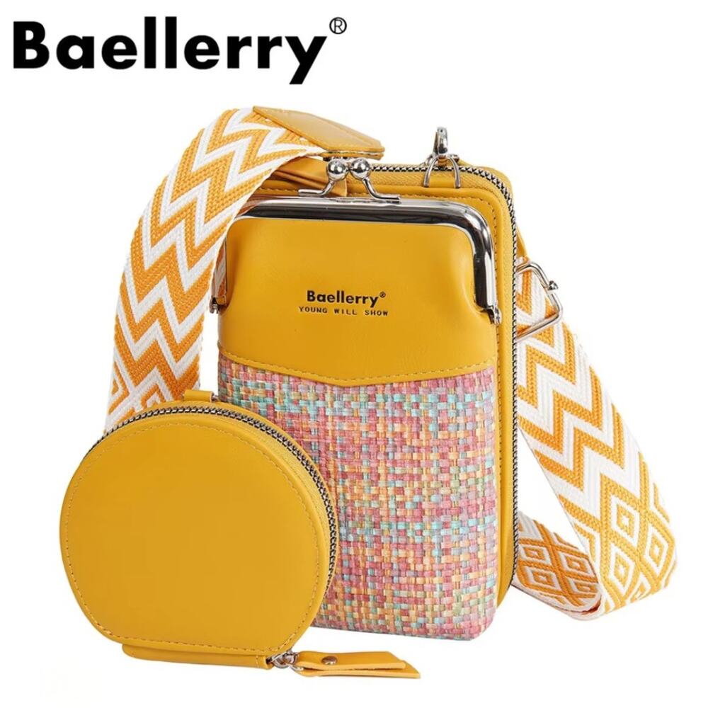 Baellerry Crossbody Phone Bag Yellow Multicolor Coin Pouch Wide Strap Summer NEW